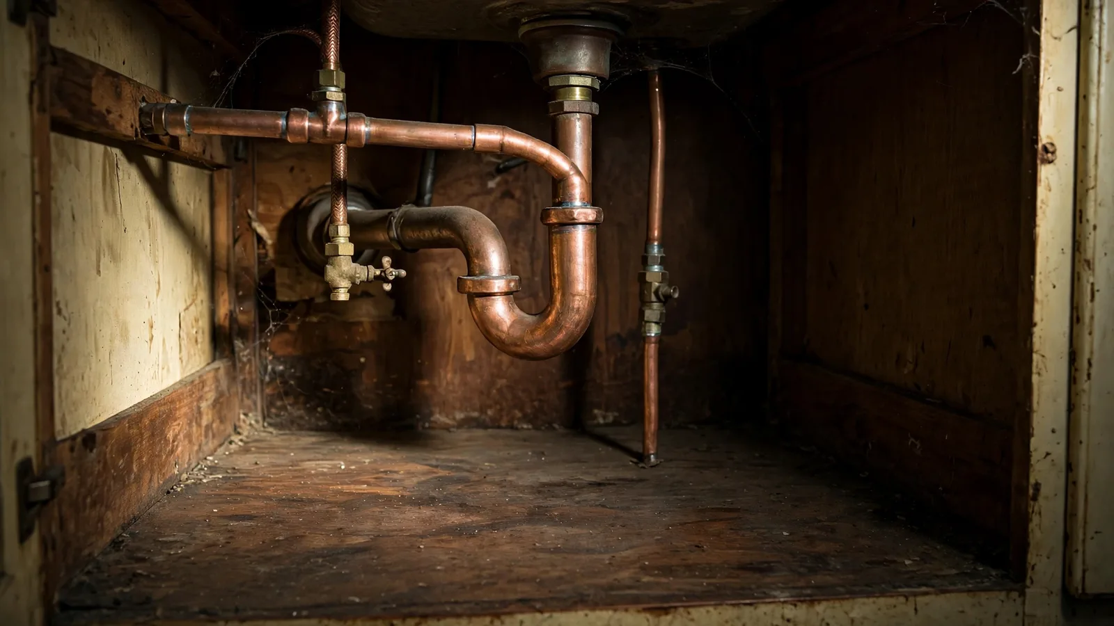 Same sink cabinet with a new copper section and a dry cabinet floor