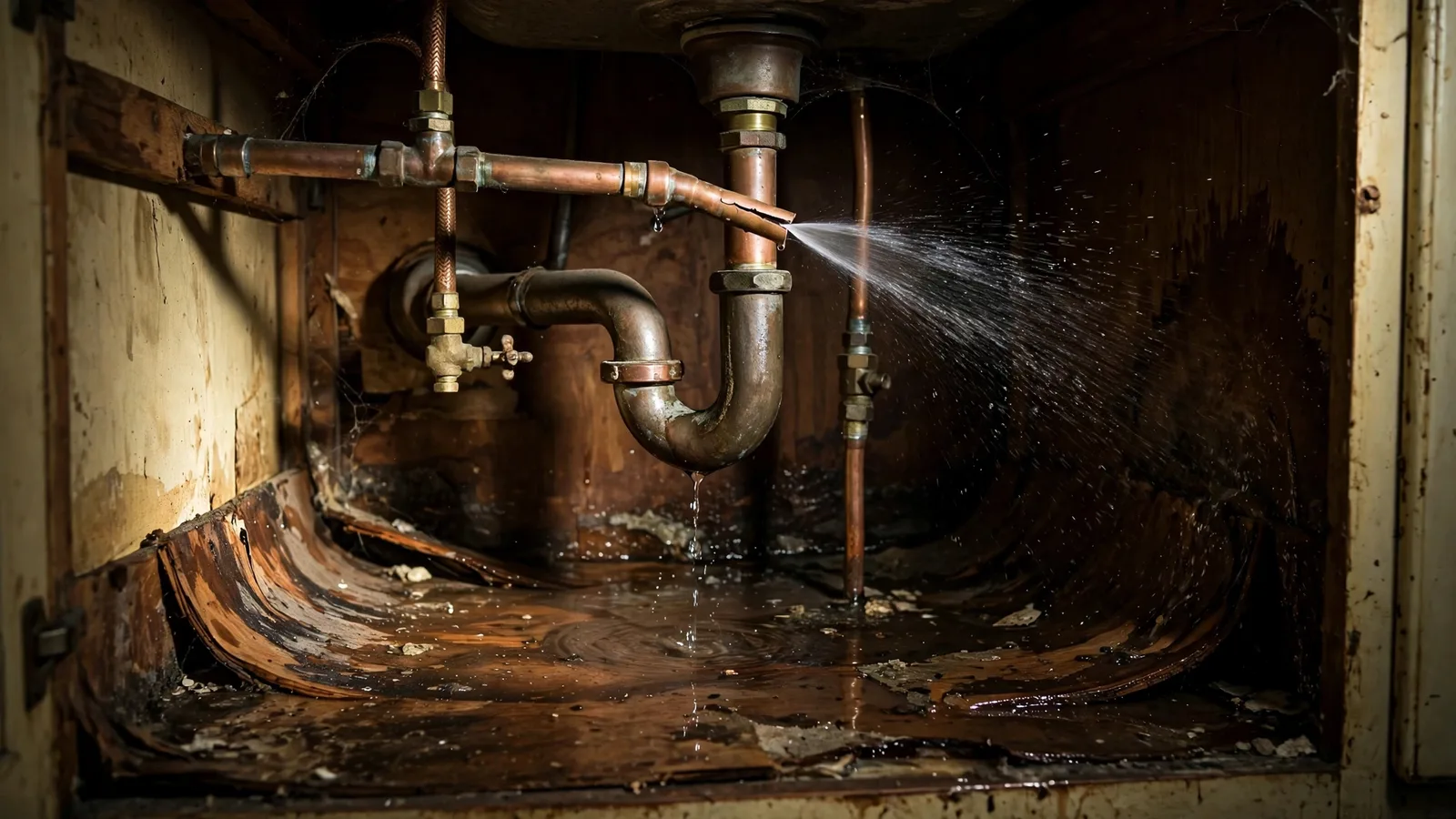 Split copper pipe spraying water under a kitchen sink onto a soaked cabinet floor