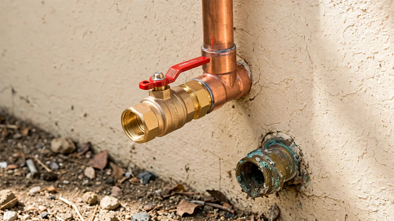 Same wall with a new quarter-turn brass ball valve and new copper