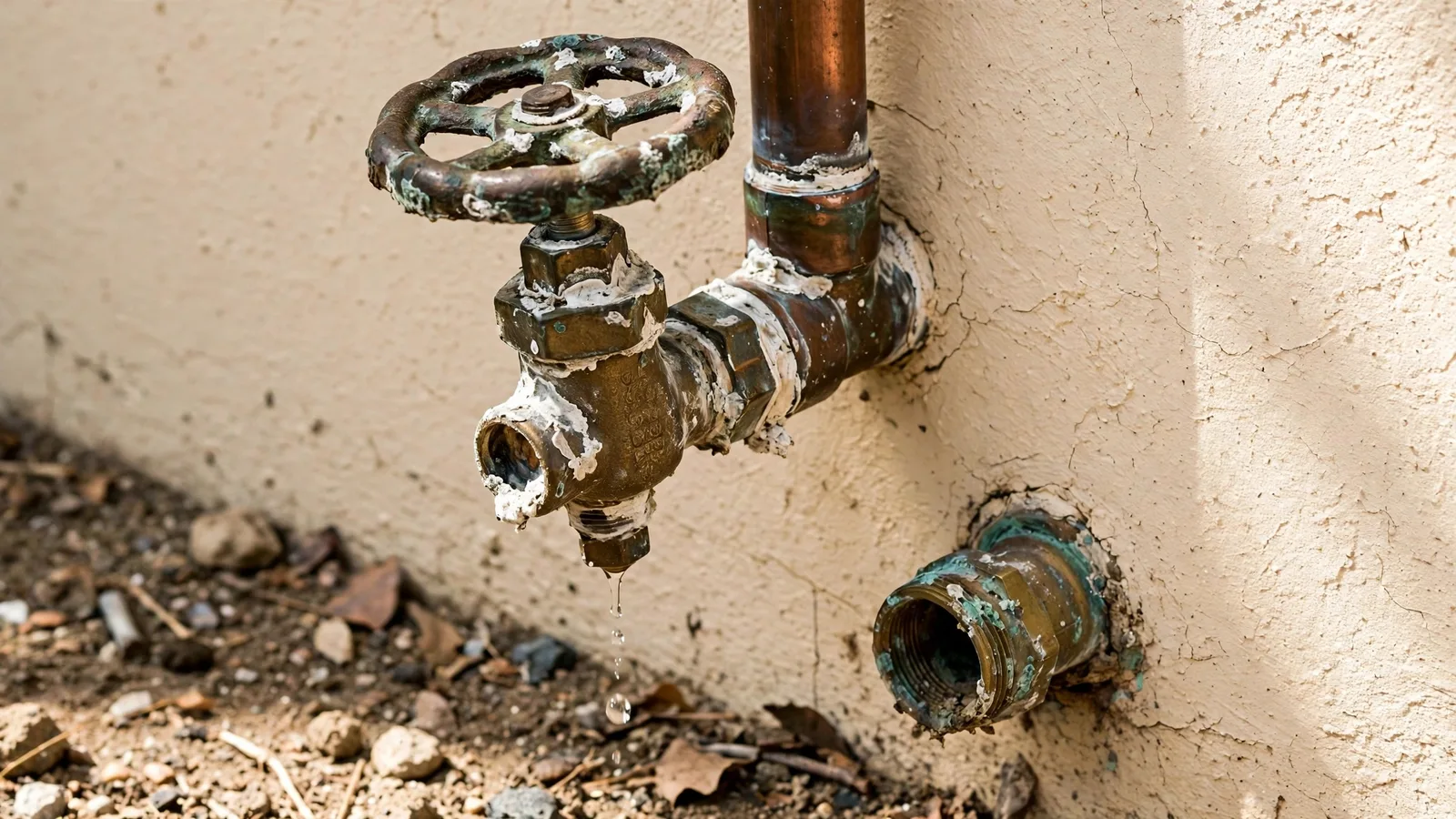 Old corroded round-handle gate valve on a stucco wall