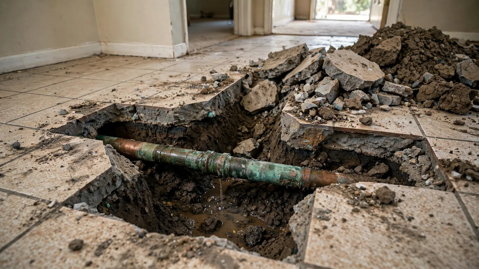 Opened slab trench exposing a corroded green copper water line