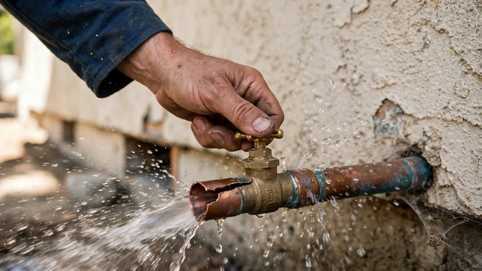 Hand closing a valve on a split copper pipe spraying water beside a stucco wall