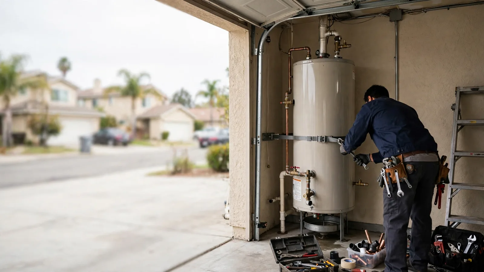 Plumber replacing a strapped tank water heater in a garage