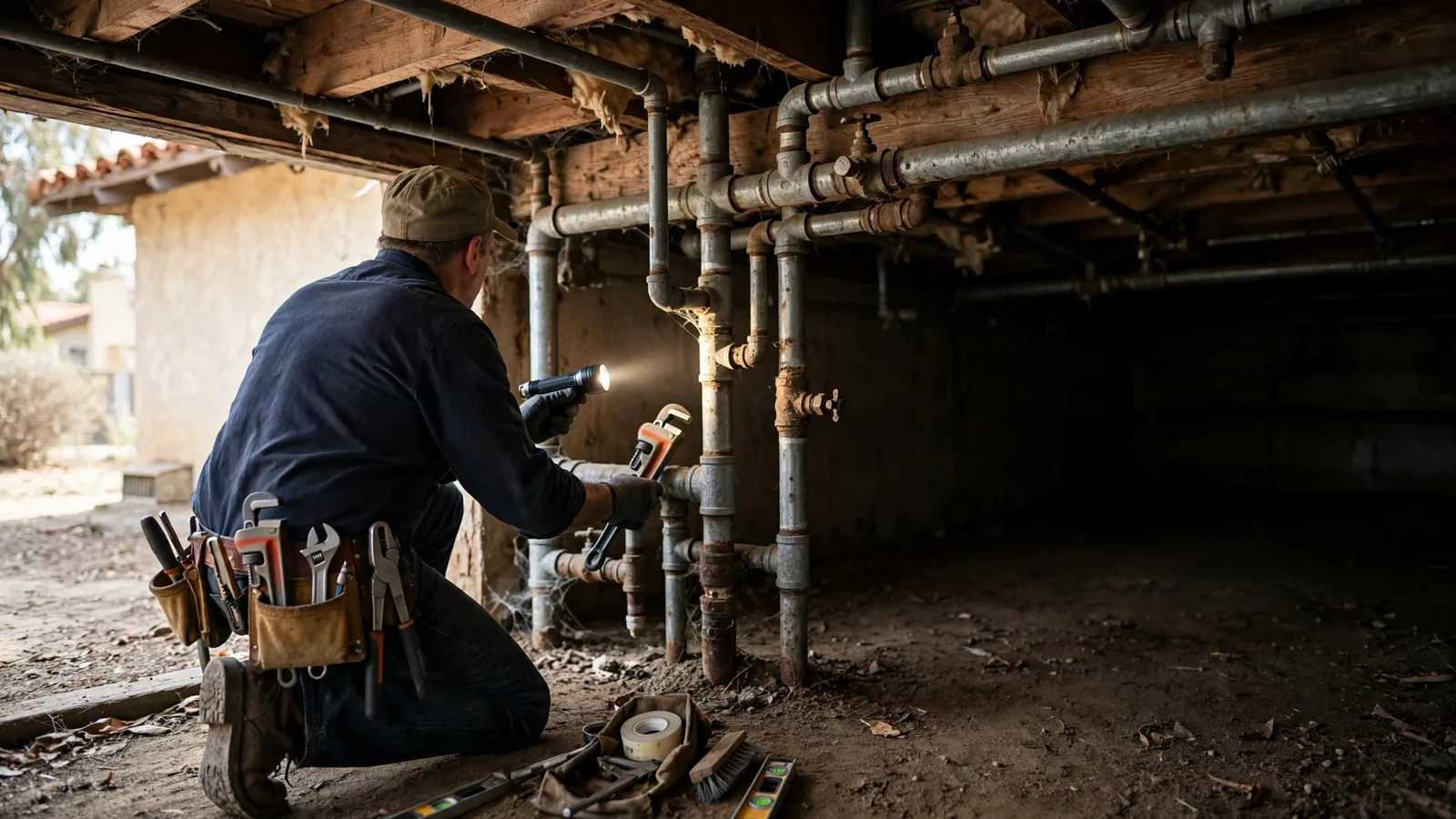 Plumber inspecting galvanized pipes in the crawlspace of an older home