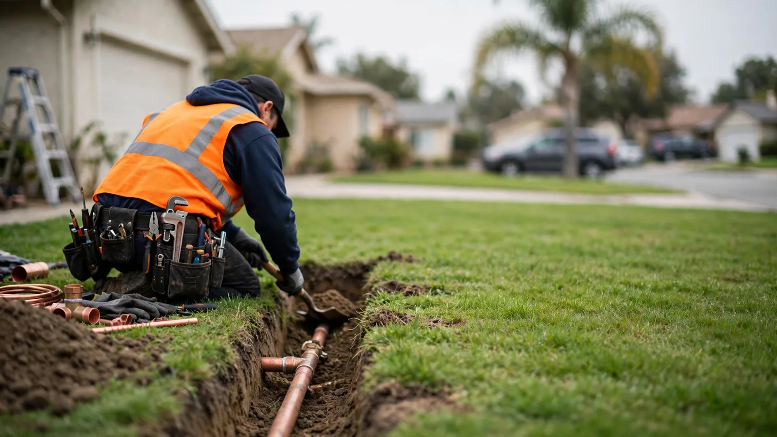 Plumber exposing a copper water service line in a front-lawn trench
