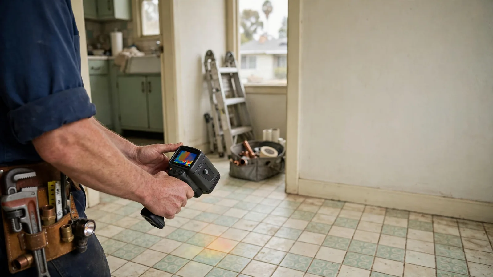 Plumber scanning a tile floor with a thermal camera to find a leak
