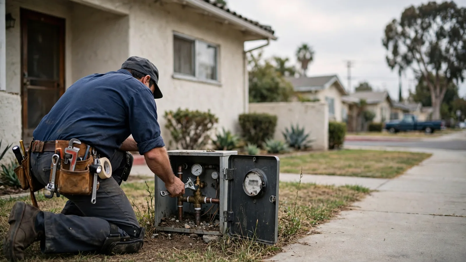 Plumber working at the water meter and shutoff beside a 1950s stucco home